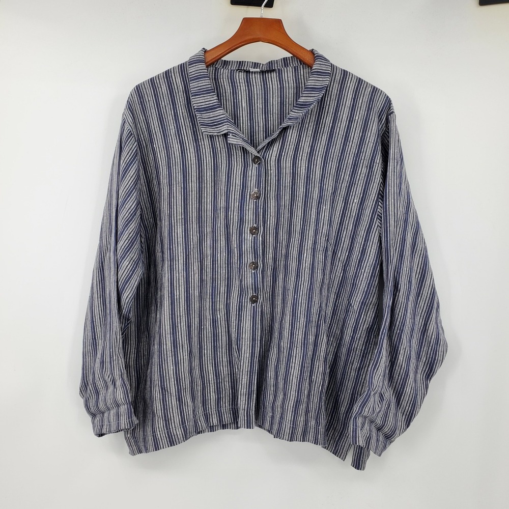 Haldora Rhinebeck New York Striped Button Front Blouse Navy Stripe Lagenlook XL